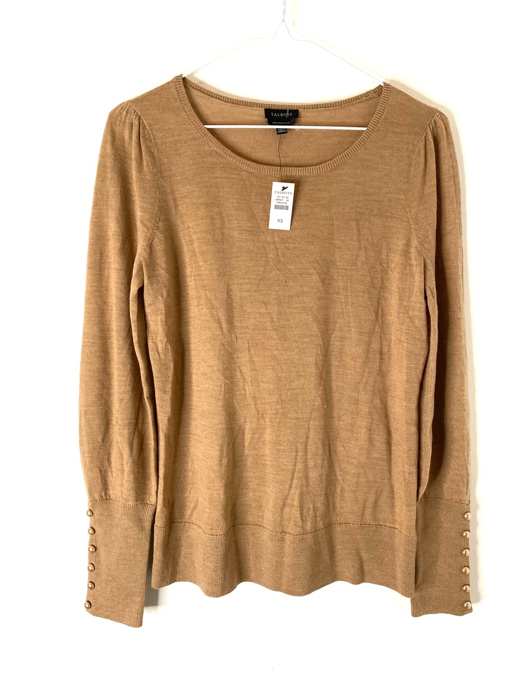 Talbots NWT 100% Merino Wool Camel Pearl Button Cuff Sweater